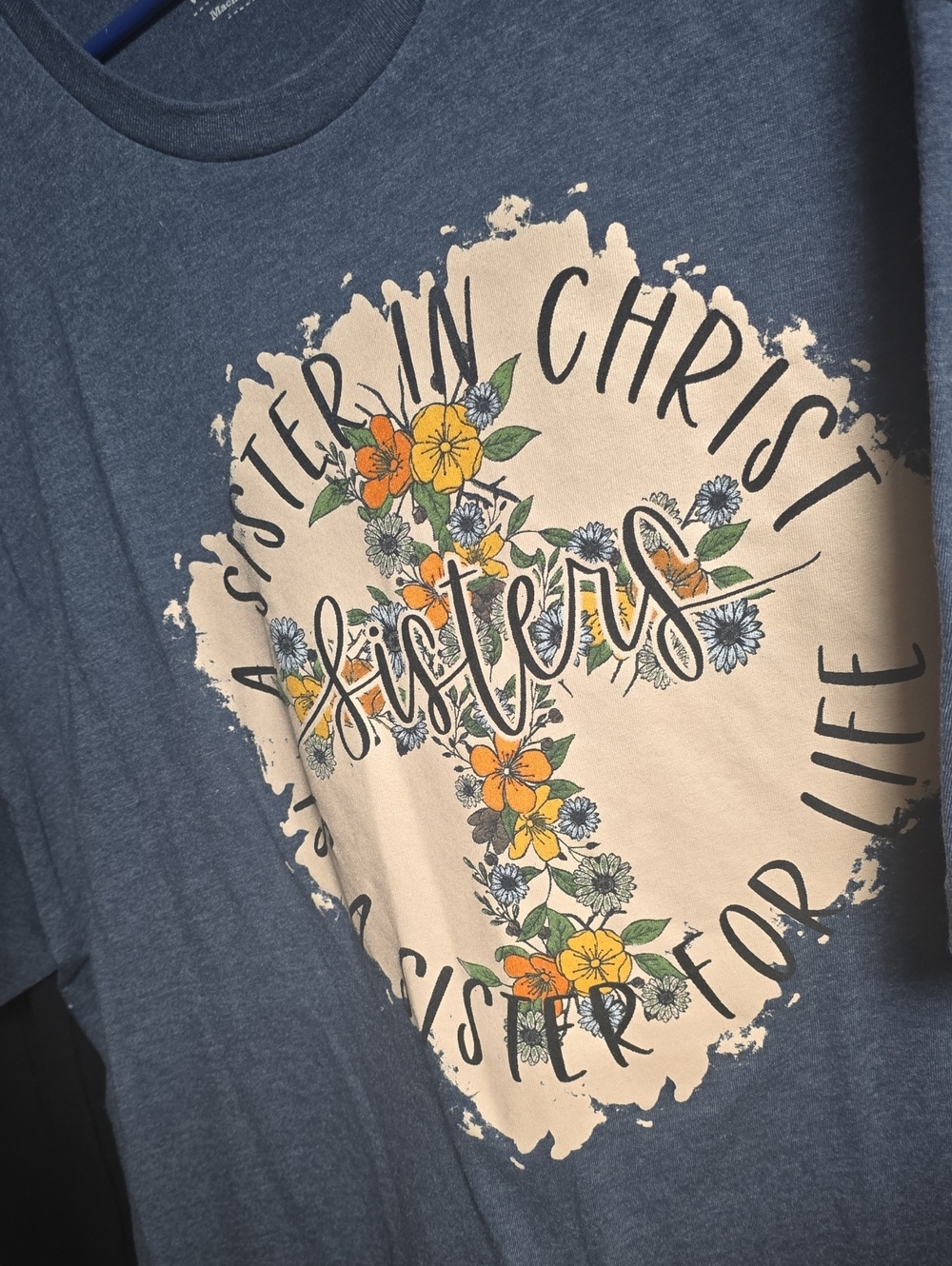 Sister for Life Floral Cross Graphic Tee - Blue